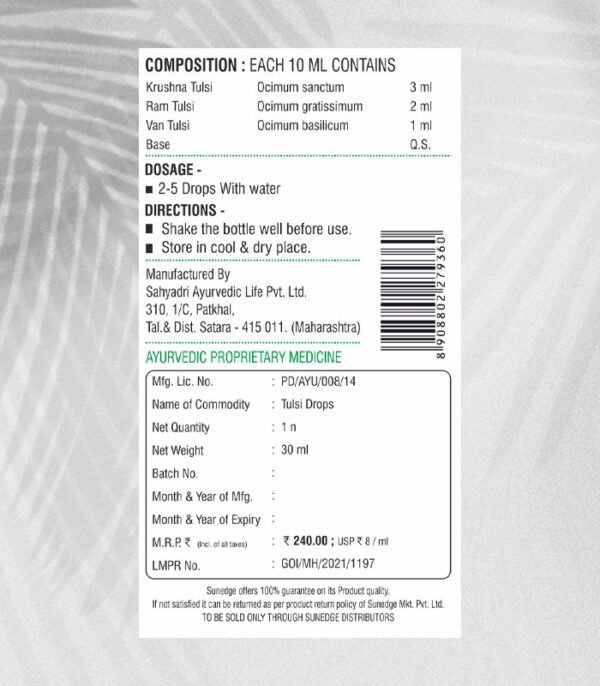 tulsi drops - ingred - mrp Tulsi Drop 30 ML